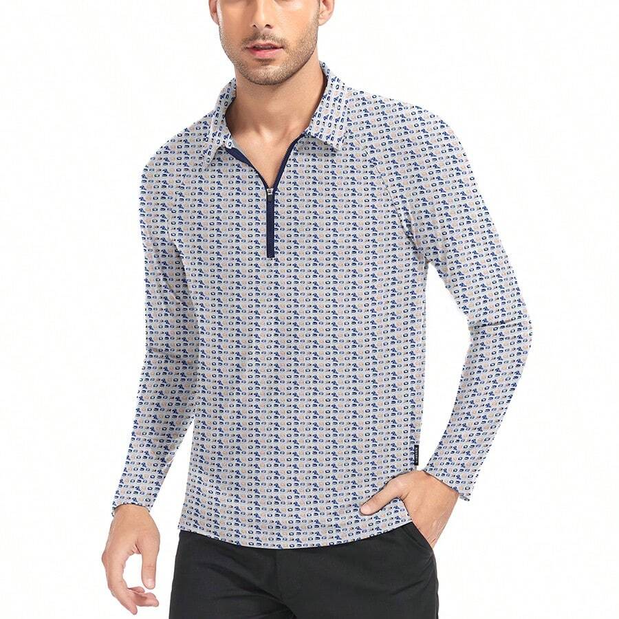 1 件套男士刻字高爾夫 Polo 衫,插肩長袖,快乾吸濕排汗 T 卹,淺灰色 - 淺灰色 - 查看 1