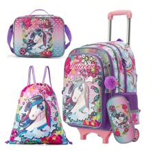 5pcs Unicorn Pattern Zip Closure Detachable Trolley Backpack Set For Boys And Girls, Suitable For Study And Travel - Purple - View 1