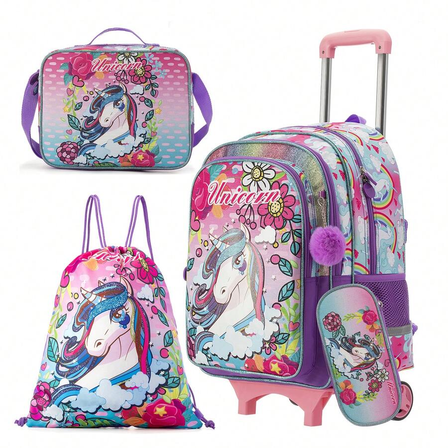 5pcs Unicorn Pattern Zip Closure Detachable Trolley Backpack Set For Boys And Girls, Suitable For Study And Travel - Purple - View 1