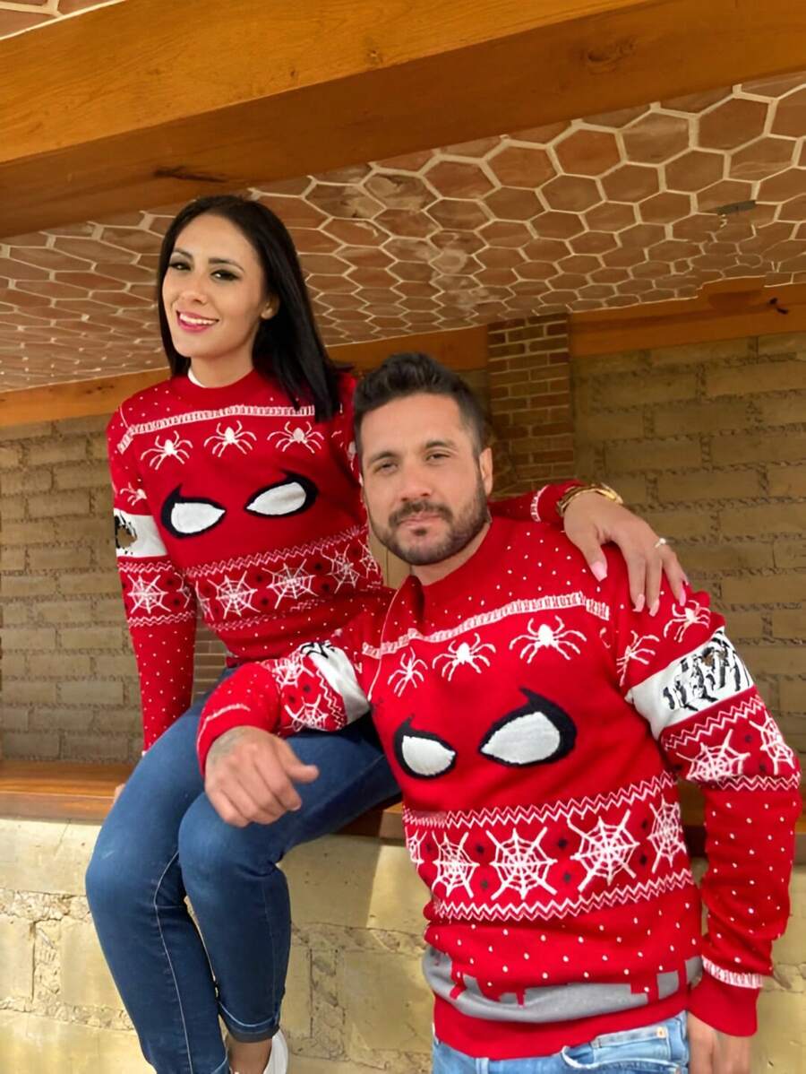 Sudadera en duo pareja diseño de araña suéter 2 pz Sueter Navideño Cuello Redondo Unisex, Sueter Navidad Casual Sueter Navideño Casa Vacación Navidad novios San Valentín tejido fresco primavera - Multicolor - Ver 1