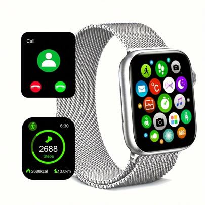 Reloj inteligente electrónico unisex de pantalla táctil de 1,83 pulgadas con correa de acero inoxidable milanesa plateada, múltiples funciones como modos deportivos, toma de fotos, control de redes sociales y notificaciones de mensajes, compatible con sistemas Android e iOS.