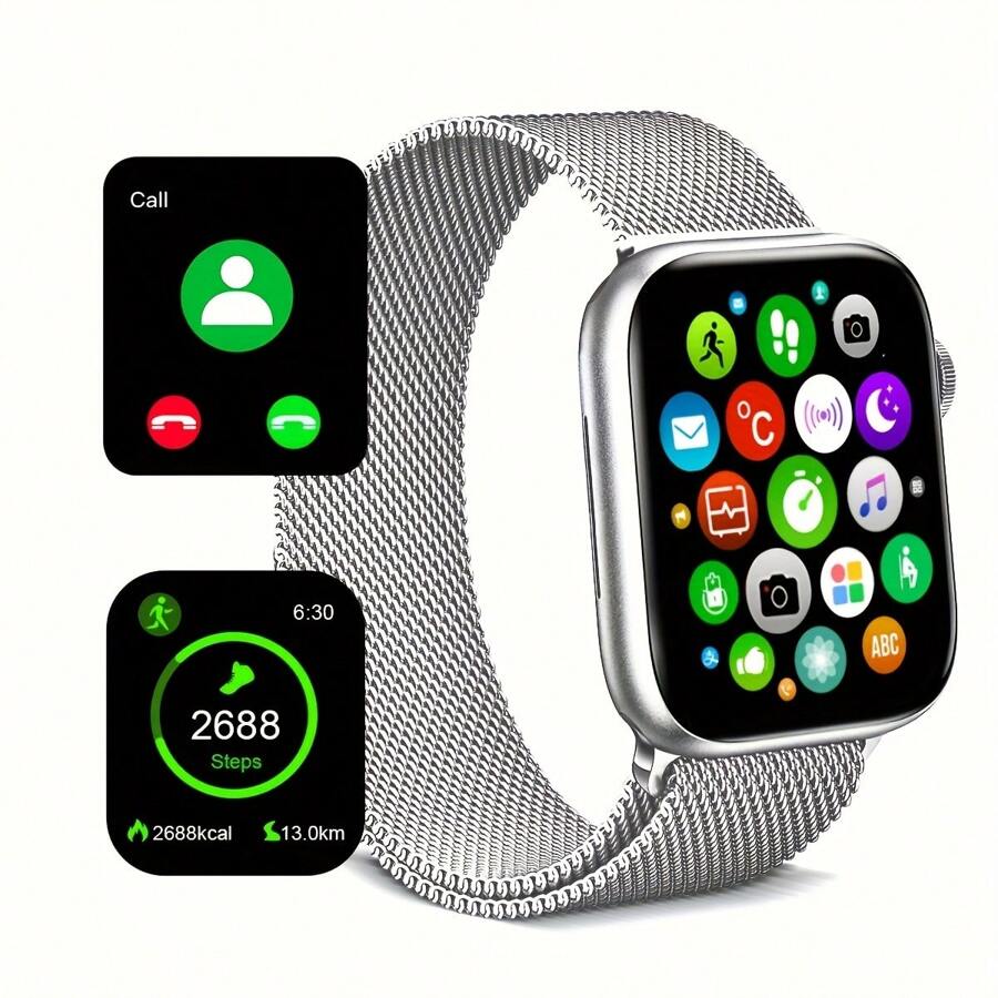 1入組不限男女款銀色米蘭磨砂不鏽鋼表帶1.83英寸觸控多功能電子智能手錶，具備多種運動模式，照片拍攝，社交媒體控制，消息通知，在Android和iOS系統兼容功能。