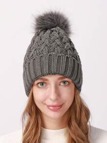 1個女士加厚針織帽子,帶毛球和扭曲圖案,適用於冬季,灰色 - 深灰色 - 查看 2