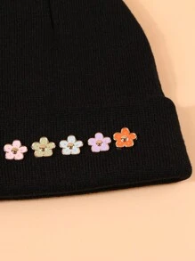 1pc Ladies' Black Simple Leisure Knitted Flower Decoration Beanie, Cute And Fashionable Adhesive Cap With No Brim, Suitable For Daily Use - Black - View 3