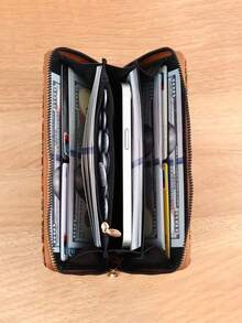 Vegan Leather Long Wallet For Women, Floral Print Clutch Coin Purse, Vintage Faux Wooden Credit Card Holder, Zipper Wallet, With Money Holder, With Card Slot for Credit Card, Birthday Gifts, Gifts for Friends for Daily, PU Leather, Geometric Graphic - Multicolor - View 5