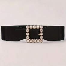 1入組仿珍珠方扣腰帶,優雅彈性黑色寬腰帶,經典裝飾裙子毛衣外套束腰帶,適合女性使用