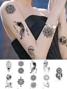 9 件黑色臨時紋身,帶有羽毛、水母、捕夢網、行星圖案,覆蓋手臂、腿部、腰部、肩膀、胸部、背部 - 黑色 - 查看 1