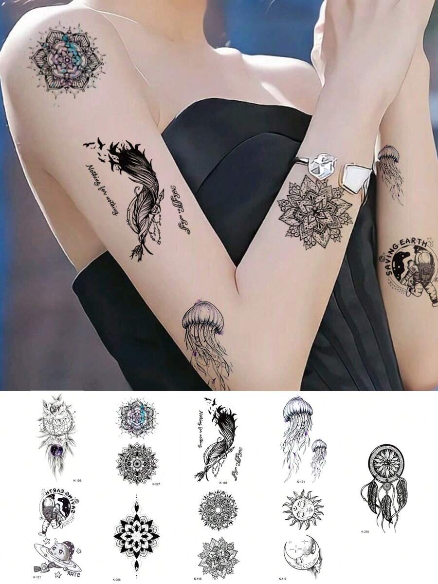 9 件黑色臨時紋身,帶有羽毛、水母、捕夢網、行星圖案,覆蓋手臂、腿部、腰部、肩膀、胸部、背部 - 黑色 - 查看 1