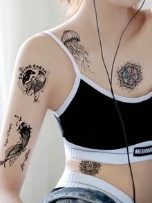 9 件黑色臨時紋身,帶有羽毛、水母、捕夢網、行星圖案,覆蓋手臂、腿部、腰部、肩膀、胸部、背部 - 黑色 - 查看 5