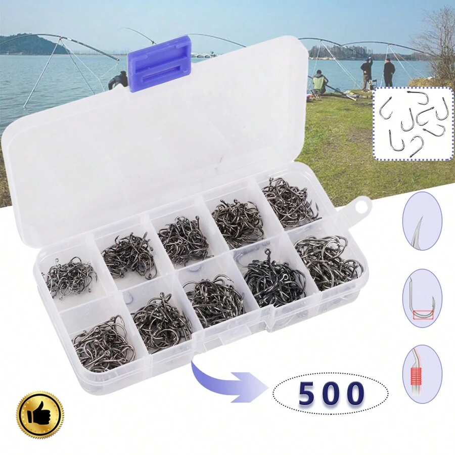 500 Piezas Kit De Anzuelos Pesca Afilados Con Caja - Negro - Ver 1