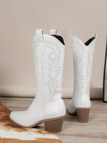 Giày bốt cưỡi ngựa mũi nhọn thêu thời trang cho nữ Giày bốt cao bồi màu trắng có gót Chunky - trắng - Xem 4