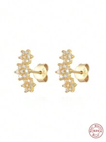 1对时尚简约S925镀金纯银花朵耳钉 - 迷你百搭个性耳环，适合女性情人节佩戴 - 金色 - 查看 7