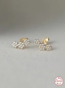 1对时尚简约S925镀金纯银花朵耳钉 - 迷你百搭个性耳环，适合女性情人节佩戴 - 金色 - 查看 5