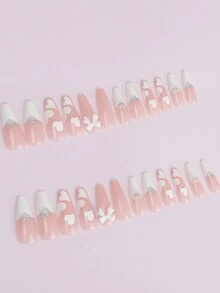 YADORNOS Biến đổi móng tay của bạn với 24 chiếc quan tài dài hình trái tim ngọc trai trắng móng tay giả & 1 tấm băng & 1 cái Dũa móng tay Bấm vào móng tay Đồ dùng làm móng - Màu be - Xem 3