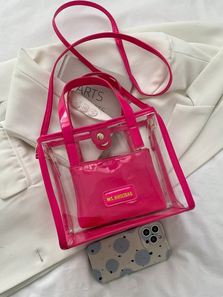 Borsa A Tracolla Trasparente In PVC Rosa - Piccola Impermeabile 22,5x17,5x6 Cm - Per Concerti E Stadi