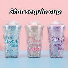 1個450毫升雙層熱水瓶,可愛的星星閃粉塑料水杯,閃亮的禮物