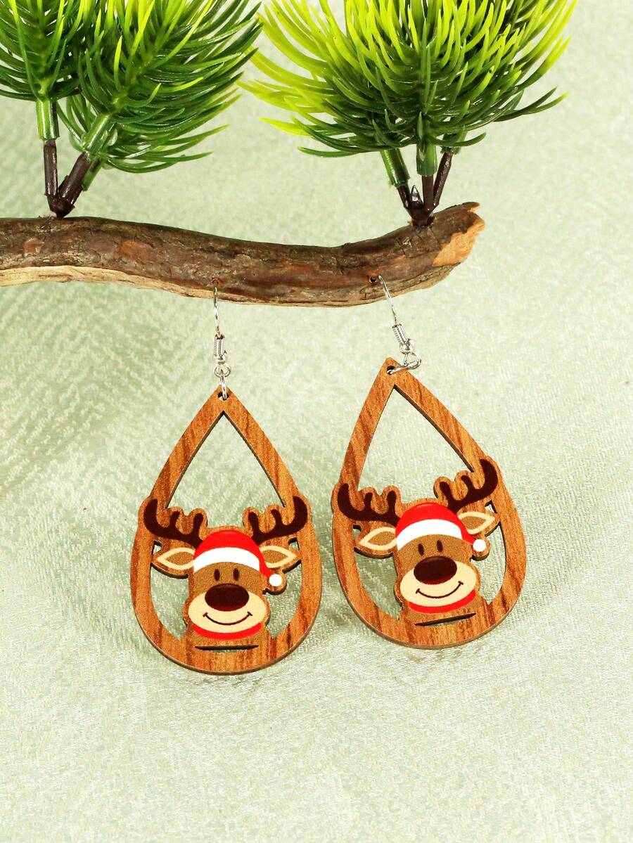 1對歐美時尚復古木質款式垂墜耳環,水滴形狀木質材質,中空馴鹿和聖誕圖案設計,適用於假日裝飾