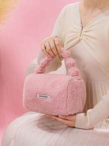 可愛的毛絨化妝包旅行收納包,適用於化妝品和護膚產品冬季禮物,女孩女士生日禮物 - 粉色 - 查看 8