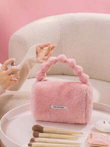 可愛的毛絨化妝包旅行收納包,適用於化妝品和護膚產品冬季禮物,女孩女士生日禮物 - 粉色 - 查看 5