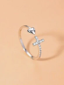 1 Miếng 925 sterling bạc Hình trái tim Vượt qua Nhẫn , Chống phai màu , Mở Thiết kế , Tim & Kim cương Đồ trang trí , Phong cách - Bạc - Xem 7