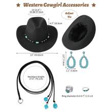 5 Pcs Western Cowgirl Hat Accessories For Women Western Cowboy HatTurquoise Jewelry Set Earrings Pendant Choker Rings - Black - View 2