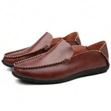 1雙男士滑入式防水防滑休閒皮鞋,圓頭平底鞋,軟底,適合戶外活動 - 棕色 - 查看 3