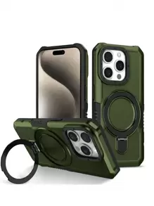 父亲节新品发布-一套手机壳和磁性支架：高级全保护壳配有光滑的磁性隐藏支架。兼容 Apple Iphone 7/8/Plus/X/Xs Max/Xr/11/12/13/14/15 Pro Max 和 Galaxy S20/S21/Ultra/A04/A05/A14/A15/A24/A25/A34/A54s，还兼容小米、Oppo、Vivoredmi13c 等。 - 軍綠色 - 查看 1