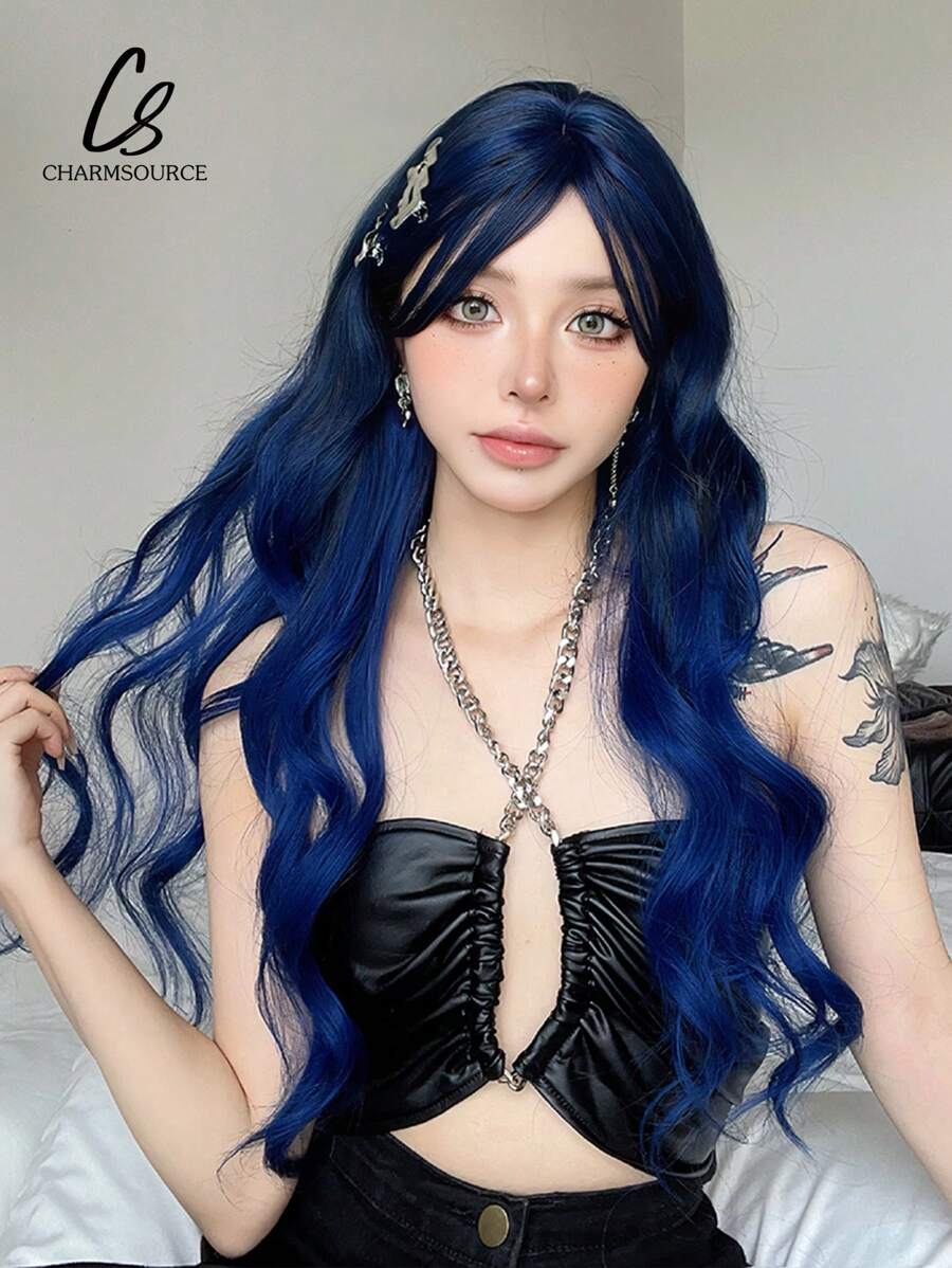 可爱假发 - 海军蓝中分刘海长卷发 28 英寸日常仿真头皮自然女士假发，适合派对角色扮演婚礼