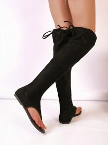 Peep Toe Cut Out High Top Flat Shoes With Stretchy Over The Knee Boot