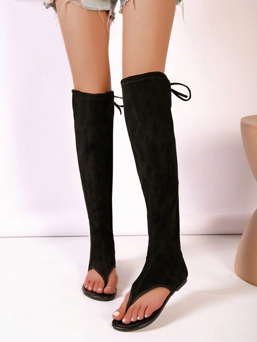 Peep Toe Cut Out High Top Flat Shoes With Stretchy Over The Knee Boot