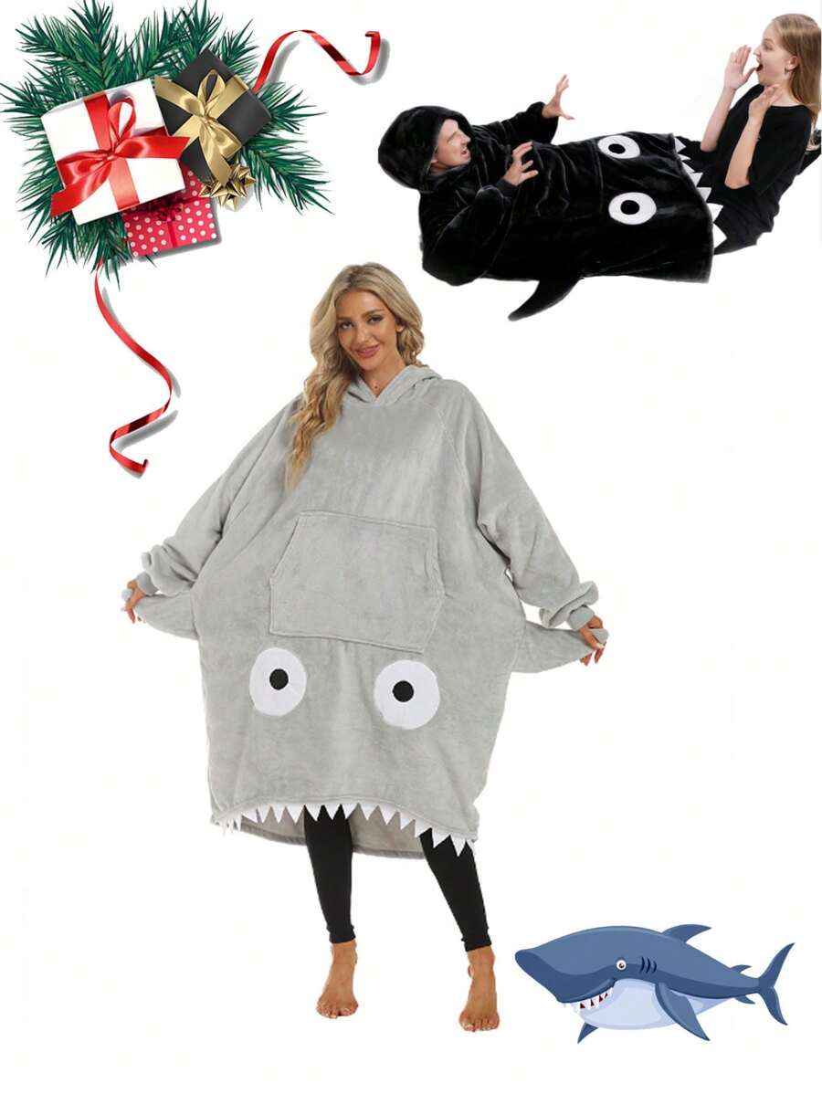 1入pc鯊魚連帽毯子,鯊魚毯子送禮給女性男性和青少年的禮物,有趣的毯子是有趣的禮物,動物帽毯鯊魚禮物適用於鯊魚愛好者
