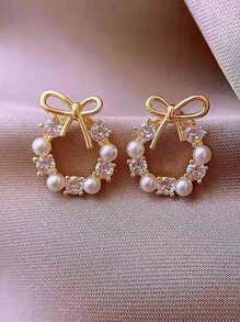 蝴蝶結淡水母珠耳環及耳釘 - 金色 - 查看 1