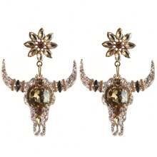 1 Pair Champagne Cow Heads Earring Of Personalized New Gothic Women's Cow Horns, Hanging Earrings, Resin Glass Rhinestones, Gold, Suitable For Outings, Parties, And Holidays - Champagne - View 2