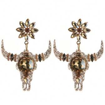 1 Pair Champagne Cow Heads Earring Of Personalized New Gothic Women's Cow Horns, Hanging Earrings, Resin Glass Rhinestones, Gold, Suitable For Outings, Parties, And Holidays