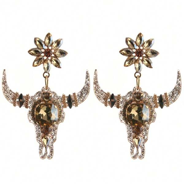 1 par de pendientes de cabezas de vaca color champagne personalizados de nuevo estilo gótico para mujeres, con cuernos de vaca colgantes, con rhinestones de resina y cristal, dorados, adecuados para salidas, fiestas y días festivos