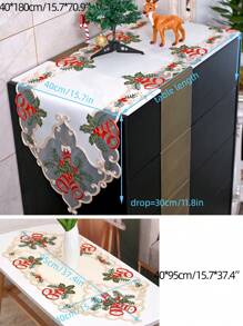 1pc Christmas Candle & Bell Pattern Table Runner, Embroidered Lace Hemmed Artistic Table Runner For Living Room, Bedroom, Dining Table, Tv Cabinet, Sideboard, Chest Of Drawers Etc. - Beige - View 3