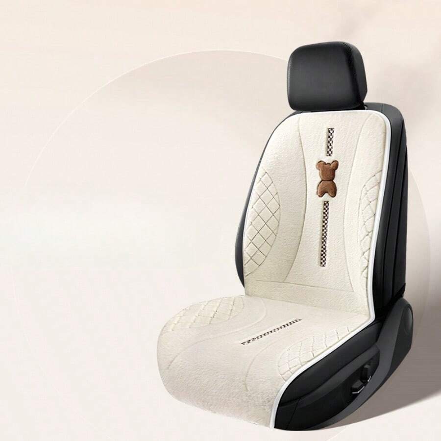 1pc Warm Plush Car Seat Cushion  Cartoon Bear Pattern  Single Seat Cushion - Beige - View 1
