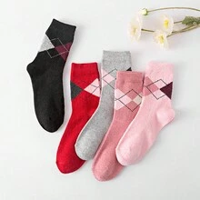 5對厚襪子,大學款菱形格紋設計,保暖舒適,適用於寒冷天氣 - 彩色 - 查看 2