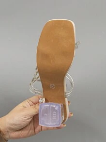 2023 Hot Chunky Heel Slides, Plus Size Crystal Sequined Slip-On Sandals, Fashionable And Versatile For Outdoor Wear - Beige - View 6
