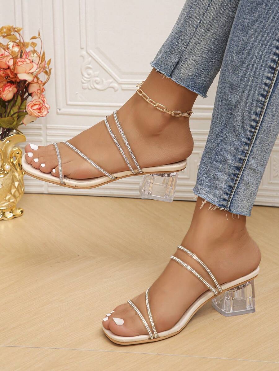 2023 Hot Chunky Heel Slides, Plus Size Crystal Sequined Slip-On Sandals, Fashionable And Versatile For Outdoor Wear - Beige - View 1