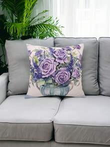 1個雙面印花天鵝絨靠墊套,古董紫色玫瑰圖案 - 彩色 - 查看 4