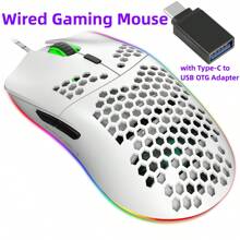 Hxsj有線電競滑鼠,帶rgb燈光,人體工學超輕蜂窩式滑鼠,支援所有遊戲的開關 - 白色 - 查看 2