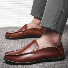 1雙男士滑入式防水防滑休閒皮鞋,圓頭平底鞋,軟底,適合戶外活動 - 棕色 - 查看 2