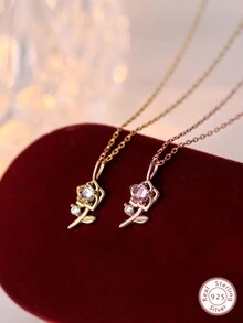 1入組優雅時尚個性化925純銀玫瑰形項鍊,帶有白色和粉色鋯石,適合女性,是節日禮物和日常佩戴的理想之選 - 玫瑰金 - 查看 1