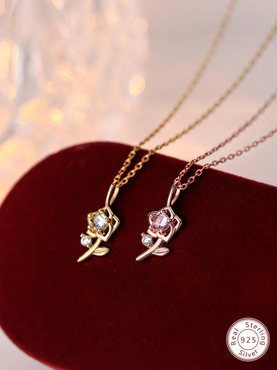 1入組優雅時尚個性化925純銀玫瑰形項鍊,帶有白色和粉色鋯石,適合女性,是節日禮物和日常佩戴的理想之選 - 玫瑰金 - 查看 1