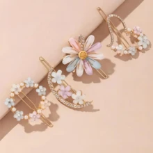 Set de 4 horquillas para el cabello con decoración de flores y cristales, estilo Mori - Multicolor - Ver 4