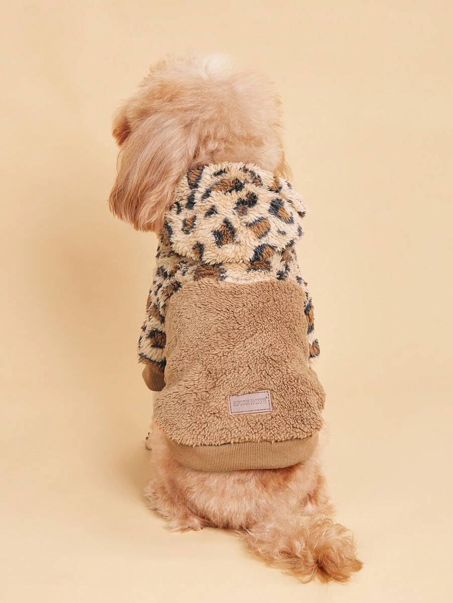 1pc Leopard Print Plush Pet Jacket, Suitable For Extra Small And Small Dog Breeds, Cats, Winter Pet Clothing - Brown - View 1