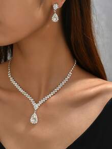 yijiangbeiting Vòng cổ mặt dây chuyền hình giọt nước Rhinestone & Bông tai hình giọt nước - Bạc - Xem 1
