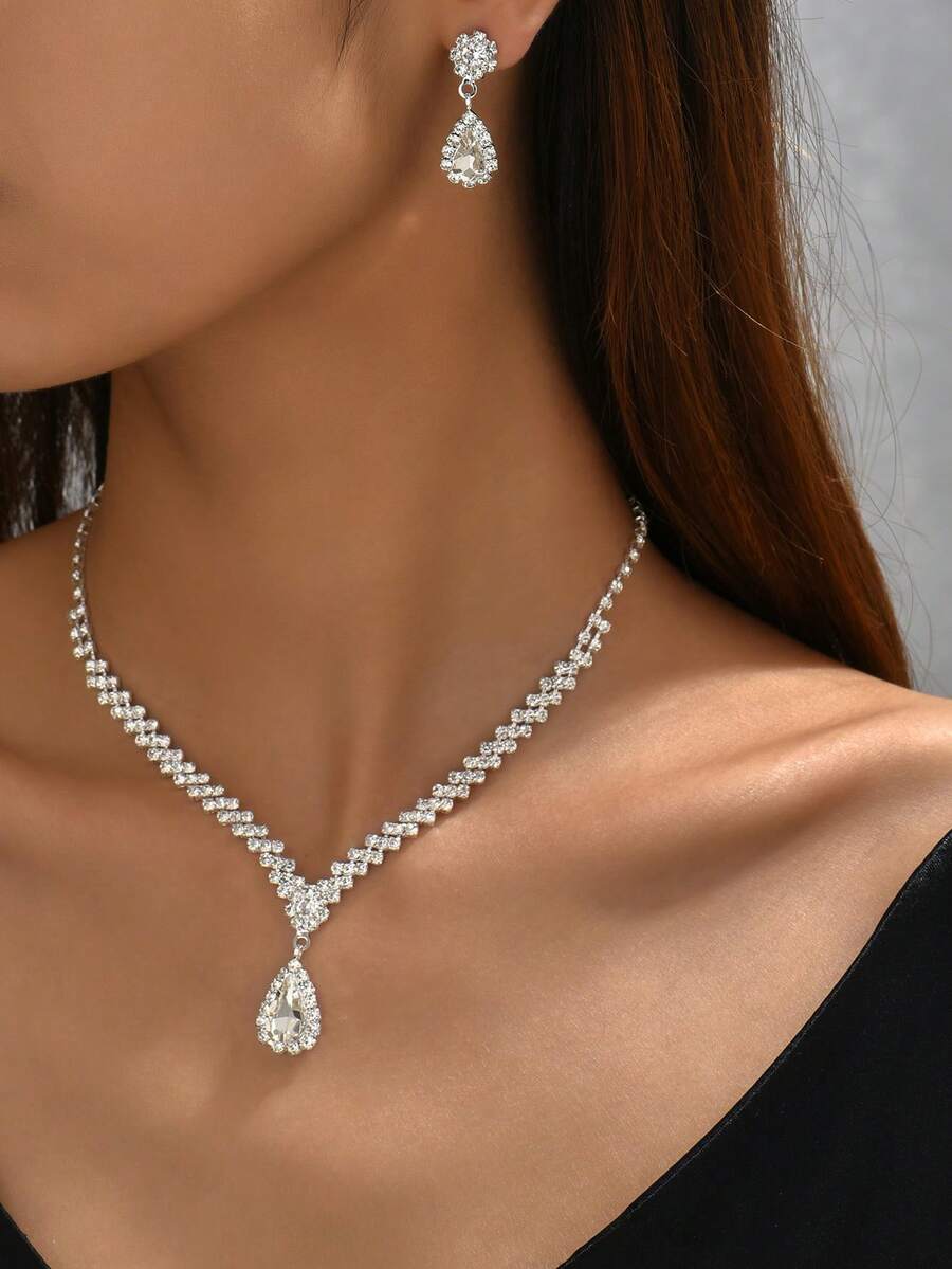 yijiangbeiting Vòng cổ mặt dây chuyền hình giọt nước Rhinestone & Bông tai hình giọt nước - Bạc - Xem 1