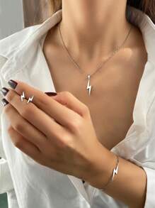 不鏽鋼閃電吊墜項鍊,手鍊,耳環套裝作為送女友的禮物,護身符魅力珠寶 - 銀色 - 查看 1